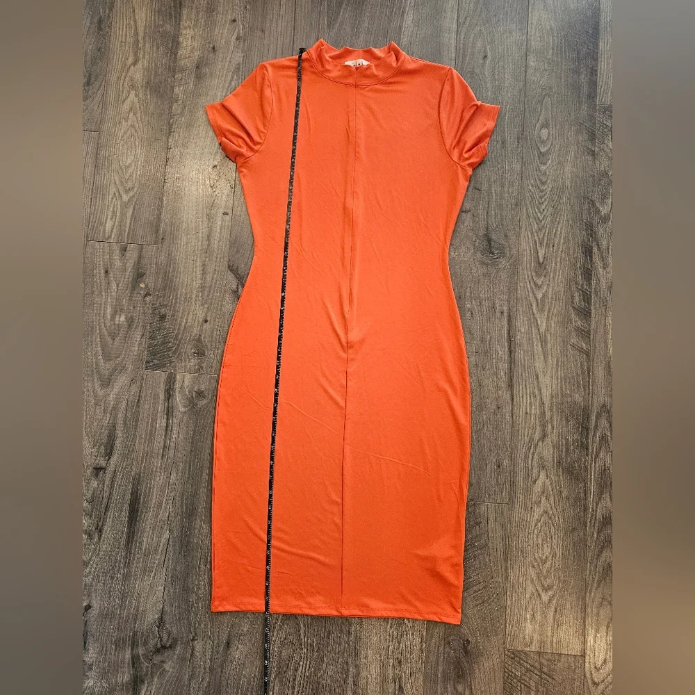 Women's szL Elegant Orange Zippered Midi Dress Body Hugging Fall Festival Career